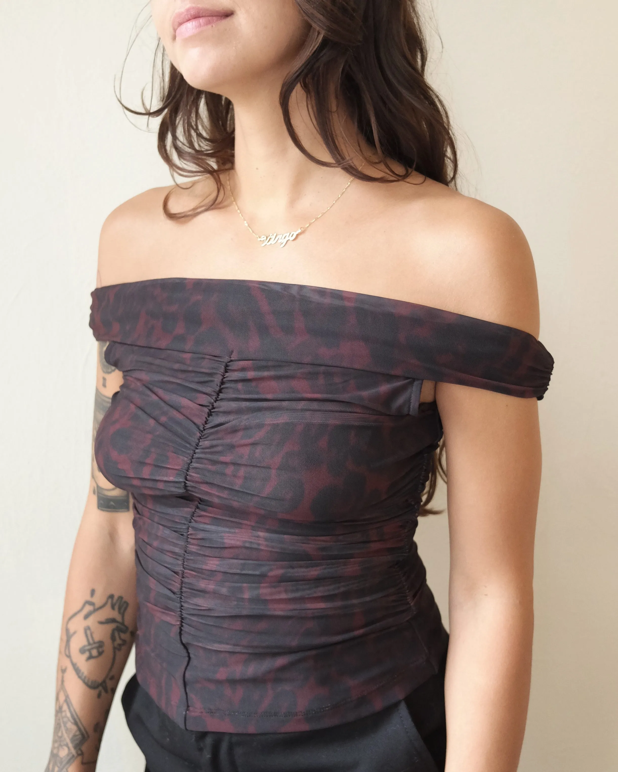 Off Shoulder Ruched Top, Bitter Chocolate