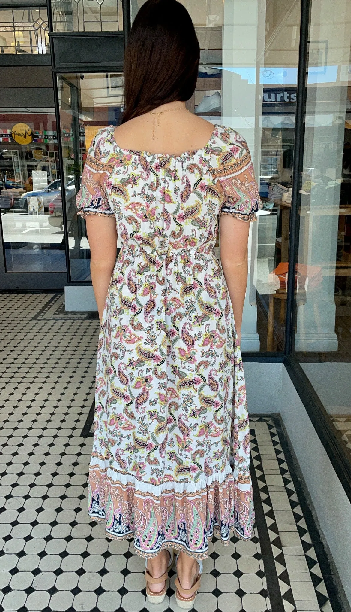 Paisley Smocked Bodice Dress Off White